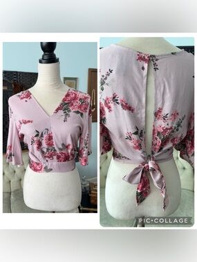🌸 Nwot Polly and Esther Rose Floral Wrap Crop Top Tie Waist Bell Sleeve Blouse L